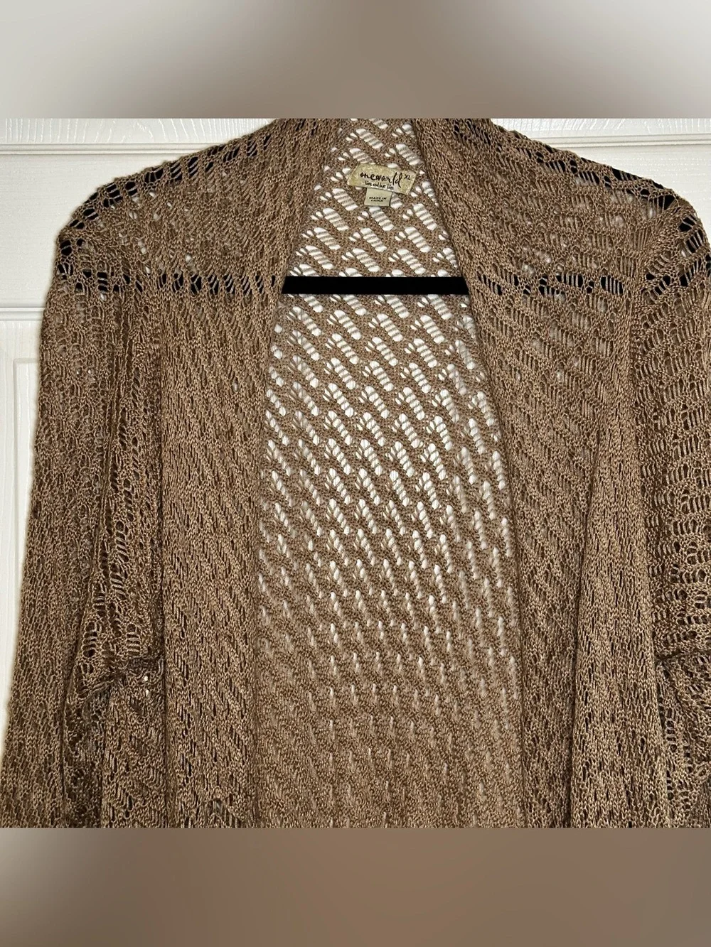 One World Crochet Fringe Shawl Open Front Longline Cardigan Womens XL Boho